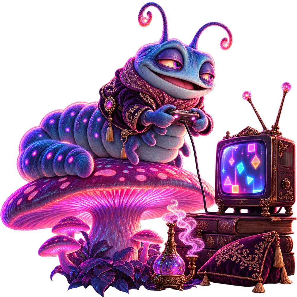 An original caterpillar on a glowing mushroom holding a generic game controller beside an old television showing abstract geometric shapes.