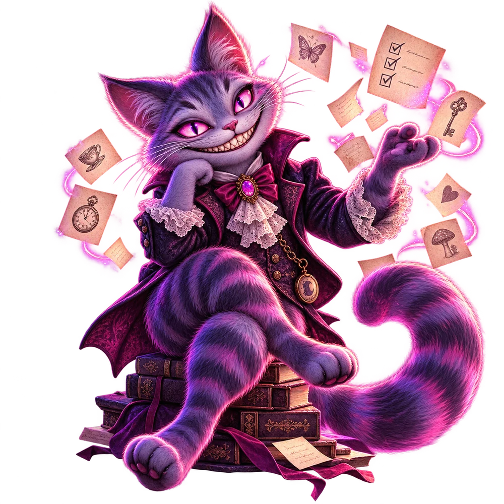 An original grinning Wonderland-inspired cat surrounded by floating reminders.