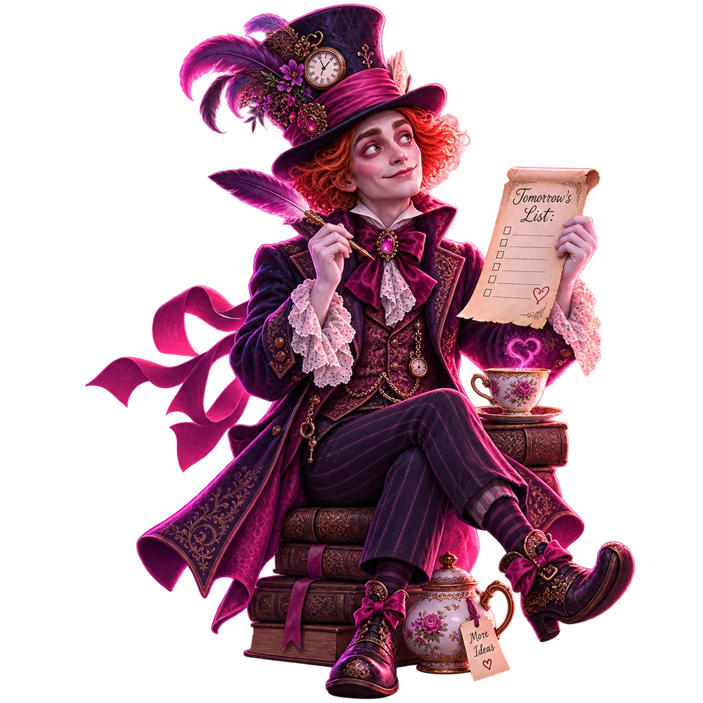 An original Victorian-inspired hatter writing tomorrow’s list beside a teacup.