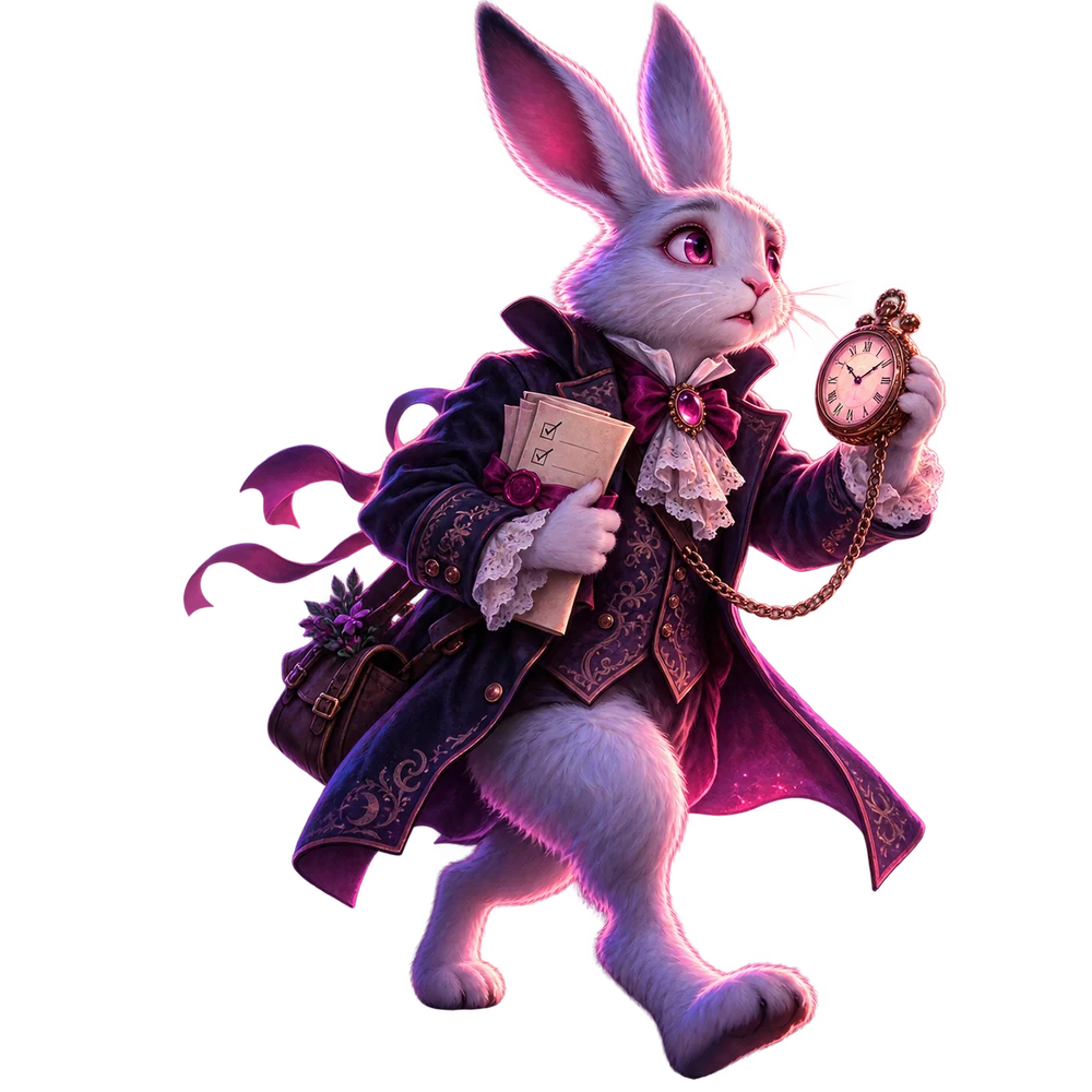 An original Victorian-inspired white rabbit carrying a pocket watch and a checklist.
